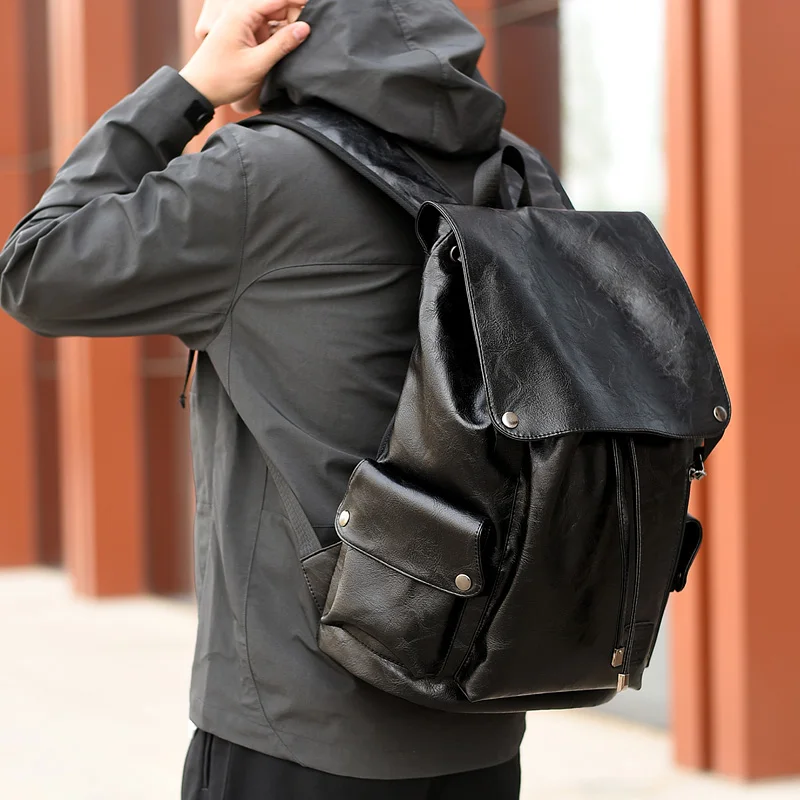 

Men's 13-15.6 Laptop Backpacks Business Casual Waterproof Backpack PU Leather School Travel Backpacks Man Computer Solid