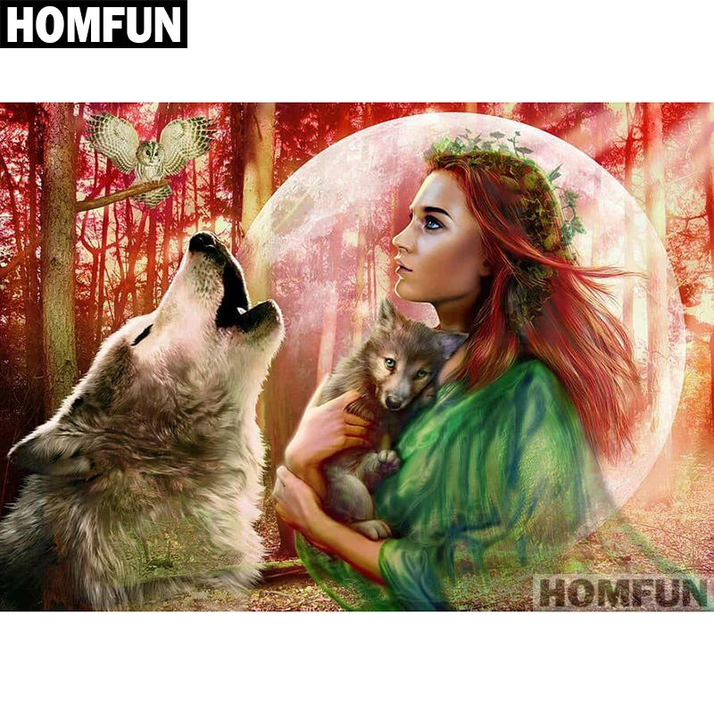 Алмазная 5D картина HOMFUN A01789 индейская девушка и волк вышивка крестиком