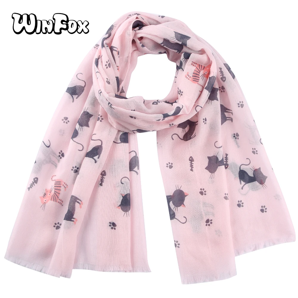 Winfox Kawaii Cat Paw Fish Шарф серый розовый женский с животным принтом мягкие длинные
