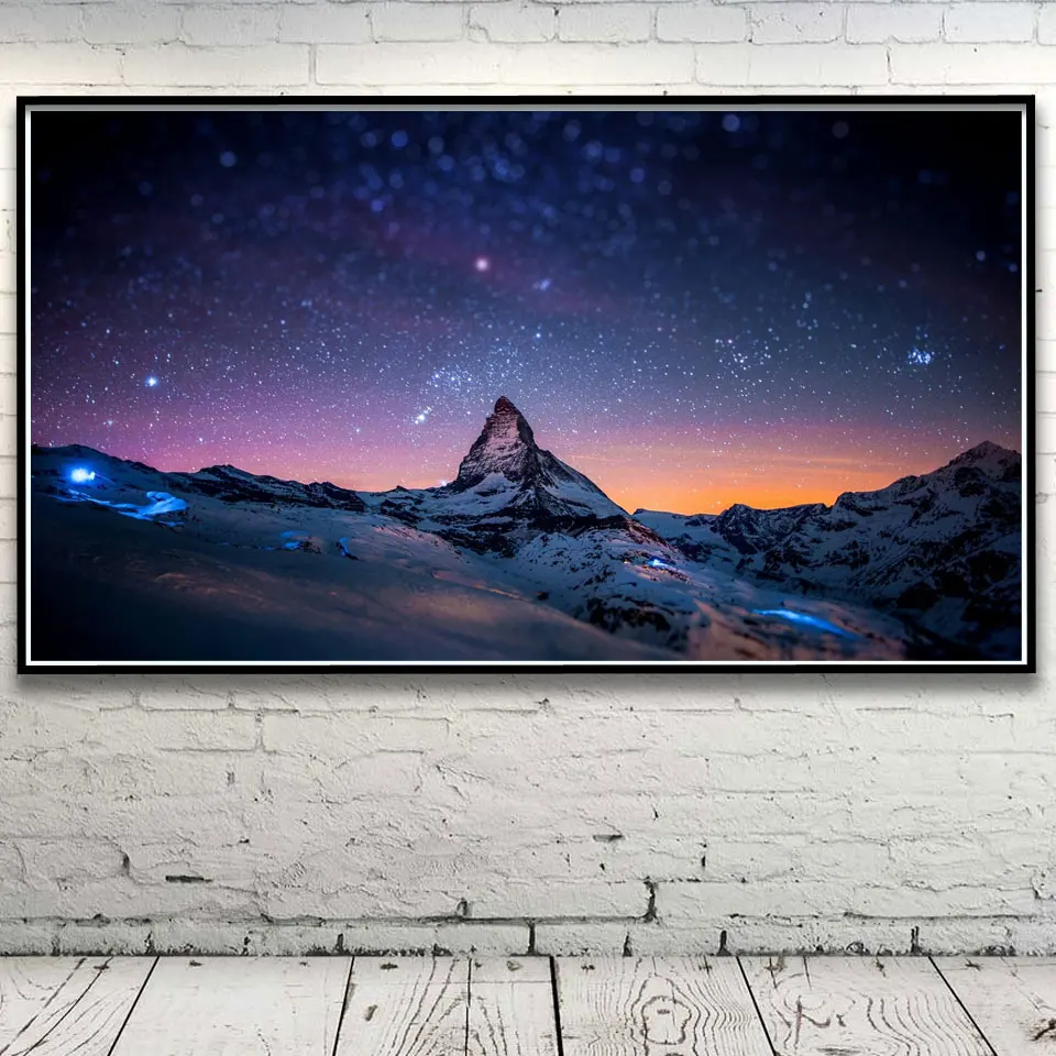 Звездное ночное пространство Зимний снег рок горы Альпы Пейзаж Живопись Холст