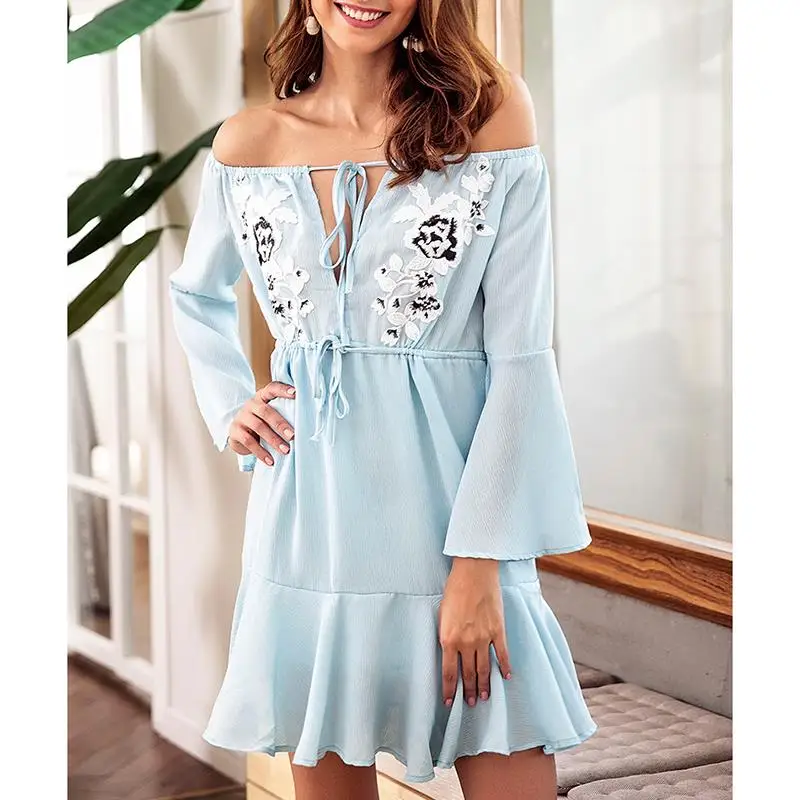 

Autumn Appliques Sexy Off Shoulder Dress Women Bandage Ruffles Hem Loose Flare Sleeve Mini Dresses Femme Vestidos WS9177C