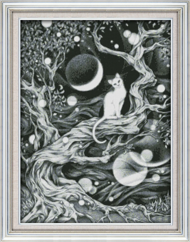 

Joy Sunday A white cat on the tree under the Moonlit cross stitch pattern kits handcraft make embroidery with chart
