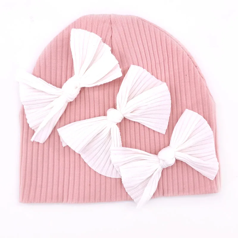 palepink1 Мягкие хлопковые шапки с гофрированной резинкой для новорожденных девочек и мальчиков, 3 шт., осенне-зимние детские шапки, подарочные аксессуары для волос для новорожденных - Цвет: palepink1