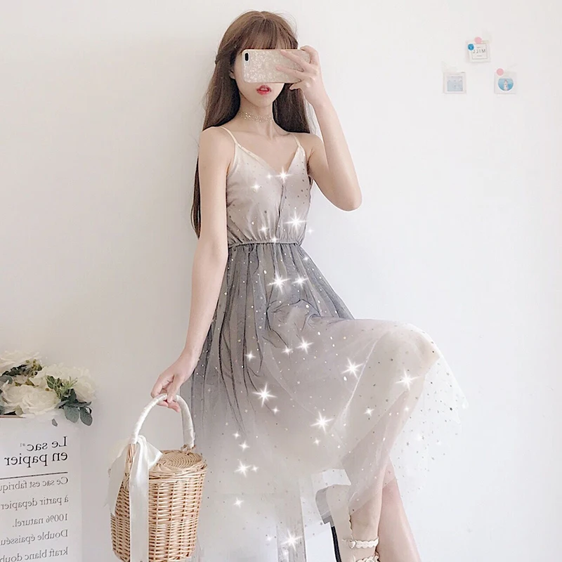 

Summer 2019 New Japanese Tens Girls Gradient Color Sling Mesh Dress + Lace Cardigan Top Fashion Temperament Two-piece Suit
