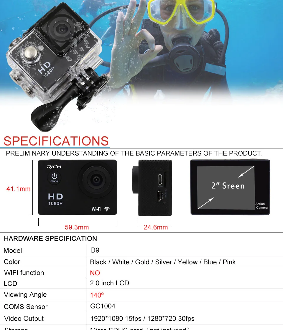 Wifi экшн Спортивная камера HD 1080 p 2," Подводная 30 м водонепроницаемая Спортивная мини-камера для съемки на шлеме