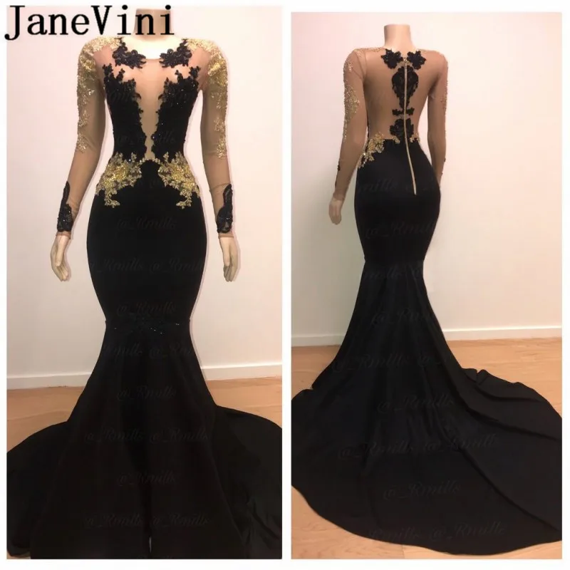 

JaneVini Black and Gold Lace Appliqued Prom Dresses 2019 Long Sleeves Mermaid Red Carpet Dress African Black Girls Evening Gowns