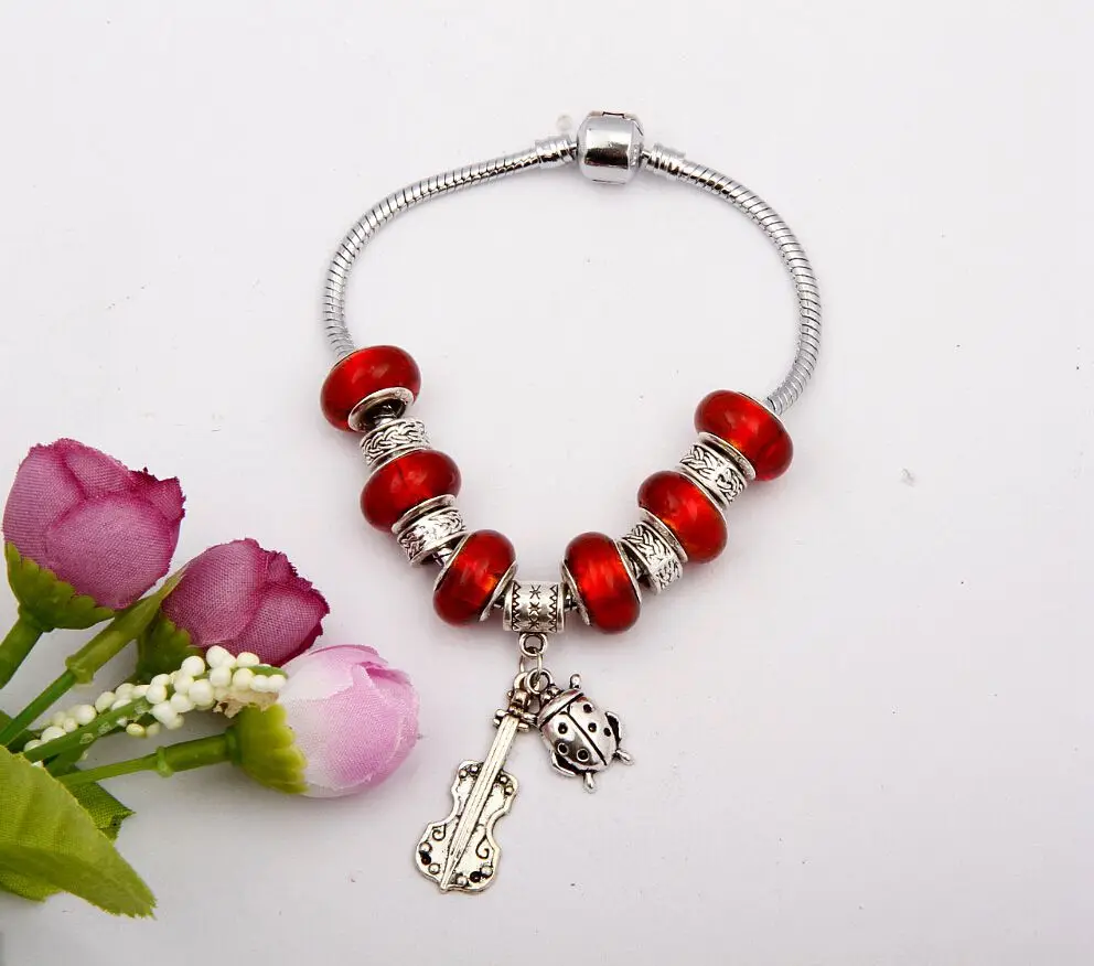 Горячая Ретро Серебряная скрипка и подвеска в виде божьей коровки модные