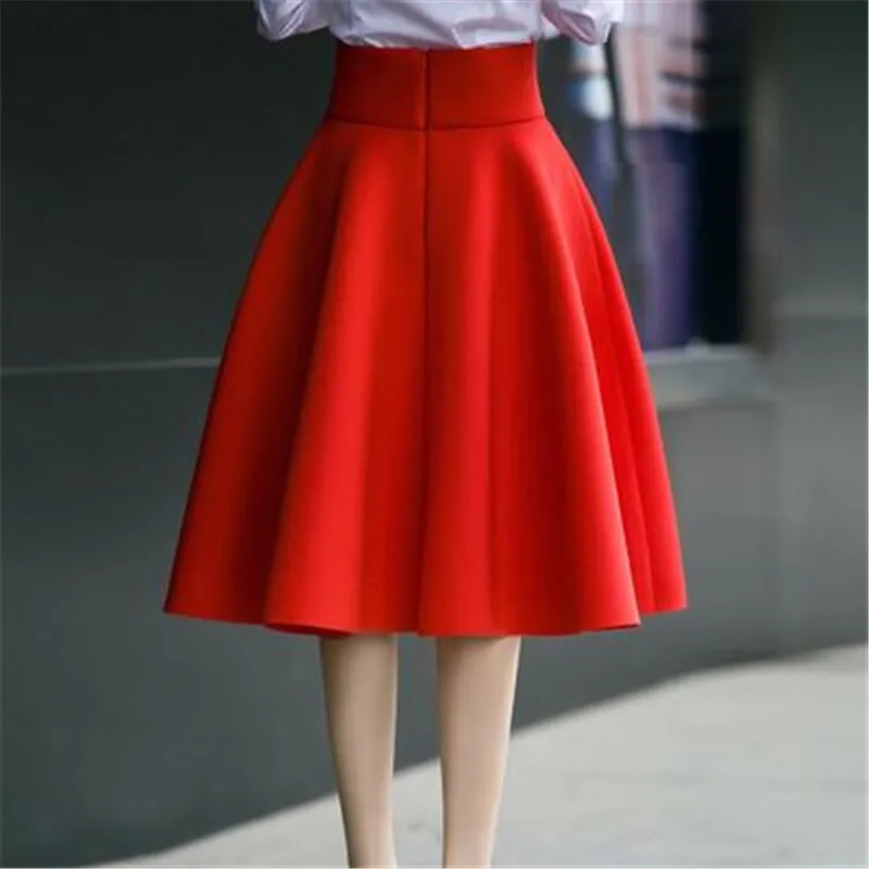 

High Waist Pleat Elegant Skirt Green Black White Knee-Length Flared Skirts Fashion Women Faldas Saia 5XL Plus Size Ladies Jupe