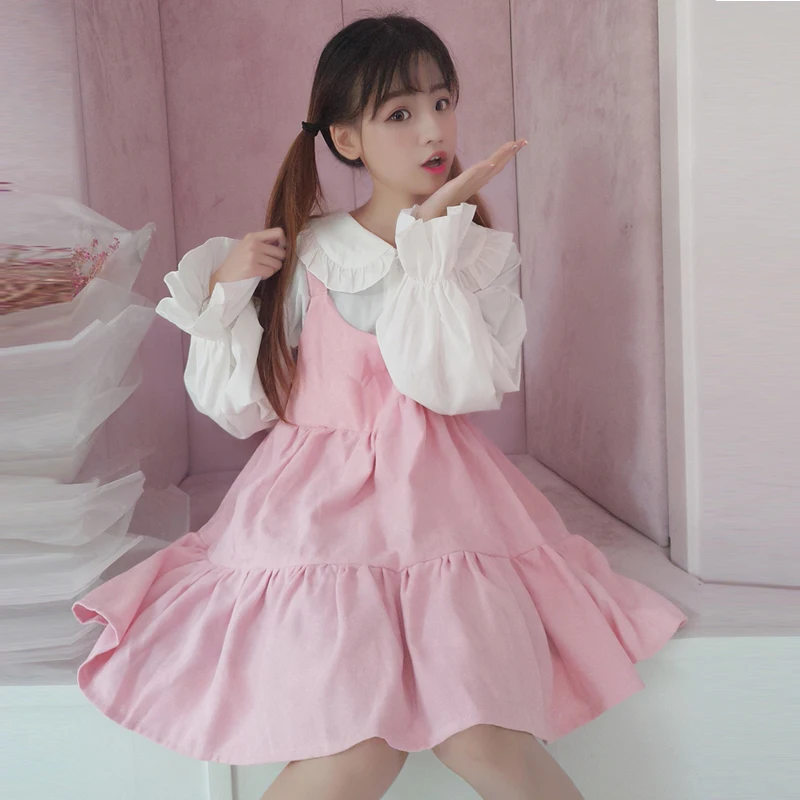 Lolita Dress Sweet Cute Kawaii Girls OP Princess Maid Vintage Ruffles Skirt Puff Sleeve Top and Pink Women Round Collar | Тематическая