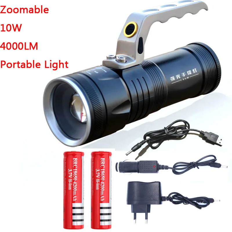 

Zoomable 10W LED 4000Lm Rechargeable Flashlight Torch Lantern Portable Light hand lamp Use 2x18650 AC Car USB Chargr