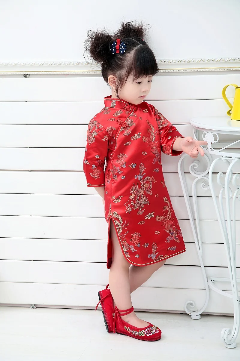 

2021 Qipao для маленьких девочек весеннее платье Красный Дракон Cheongsams подарок на Новый год для девочек, платье принцессы, вечерние платья Одежда...