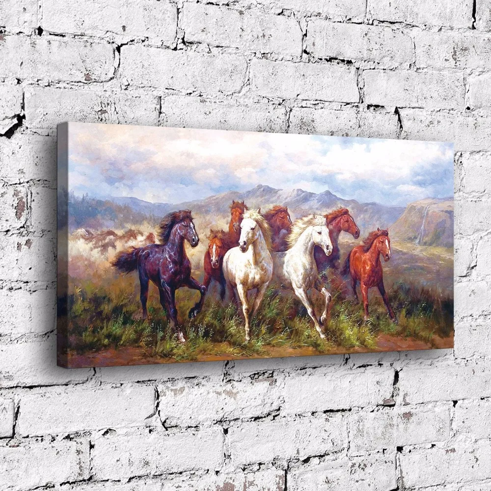 Лошадь группа бегущая пыль животное природный пейзаж. HD Печать на холсте