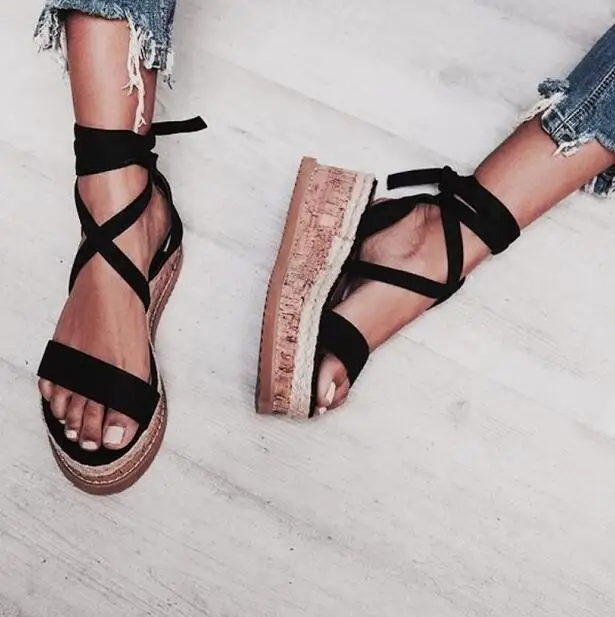 Летние черные сандалии на танкетке женские Espadrilles сандалии-гладиаторы с открытым