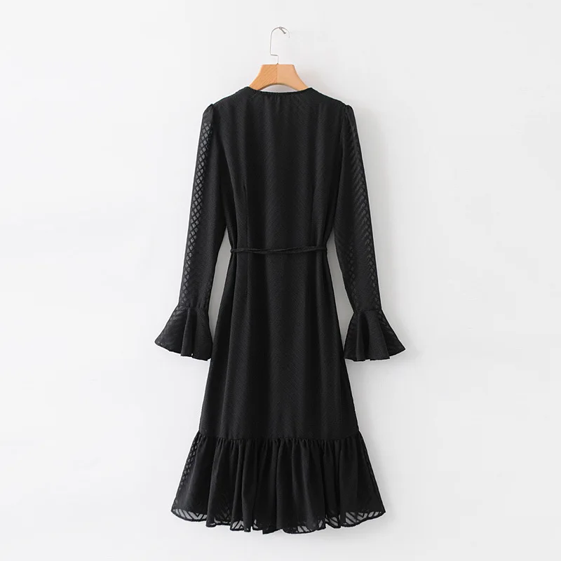 Мода 2019 весеннее женское платье средней длины с расклешенными рукавами новые