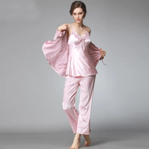 Fuchsia SSH036 Женская шелковая атласная пижама, женский сексуальный пижамный комплект из 3 предметов, одежда для сна с v-образным вырезом, топ с длинными рукавами, длинные штаны, осенняя одежда для сна - Цвет: Fuchsia