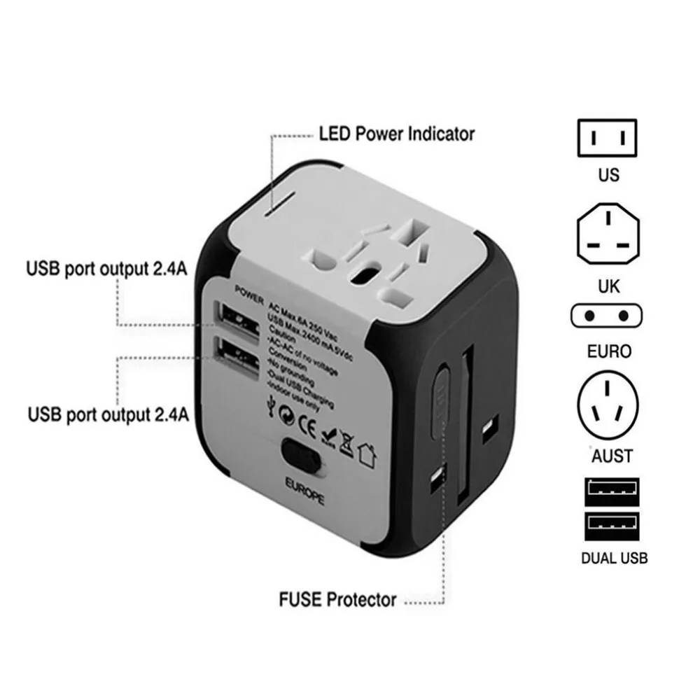 UK/EU/US/AU Plug Универсальный адаптер для путешествий по всему миру преобразователи