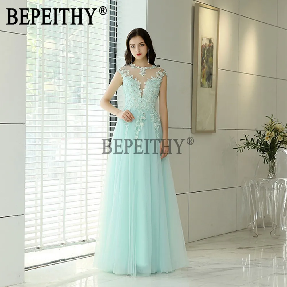 BEPEITHY vestido de festa дизайн с высоким вырезом короткий рукав Тюль Аппликации Длинные вечерние платья новое поступление