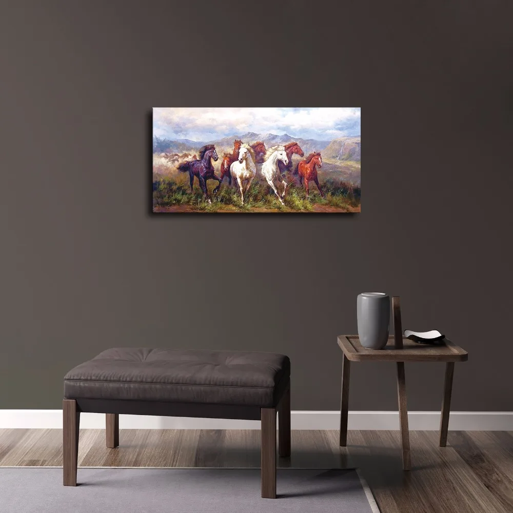 Лошадь группа бегущая пыль животное природный пейзаж. HD Печать на холсте
