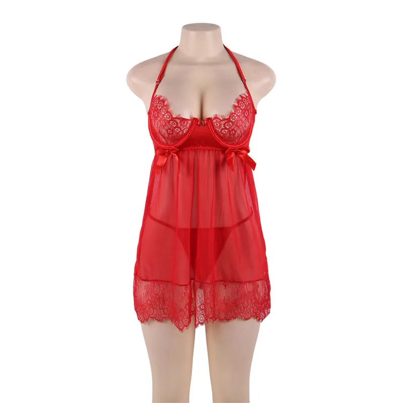 Red lingerie Comeondear, кружевное платье для сна, ультра-тонкая сексуальная ночная рубашка, Холтер, черное, красное нижнее белье, отделка размера плюс, Tenue, сексуальные Babydolls RJ80636 - Цвет: Red lingerie