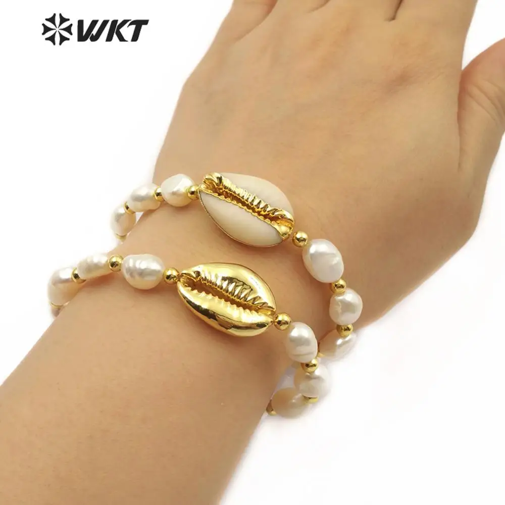 WT-B458 Cowrie& Pearl Браслет Ручной Работы Золотая или Золотая отделка подвеска с Каури с жемчугом Шарм женские ювелирные изделия с бриллиантами