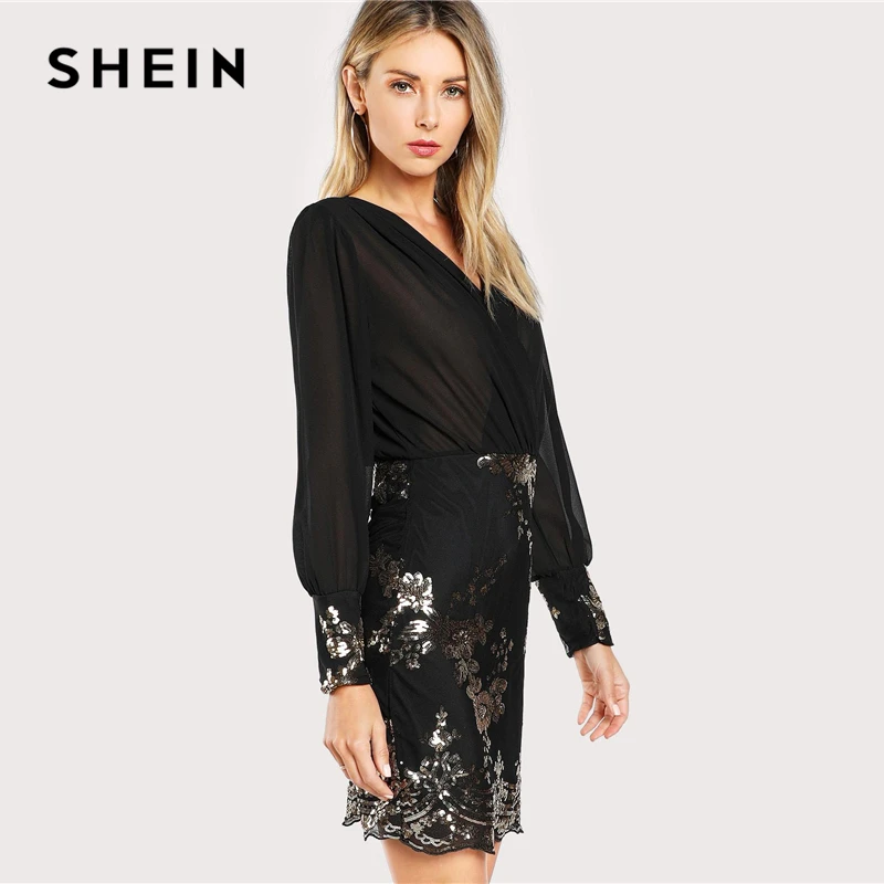 SHEIN Модное Платье Женское Осеннее Черное Элегантное С V Образным Вырезом И