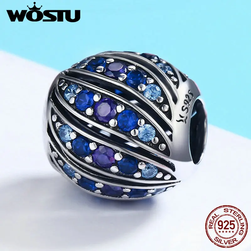 WOSTU 100% Стерлинговое Серебро 925 пробы с павлиньим пером синие Очаровательные бусы