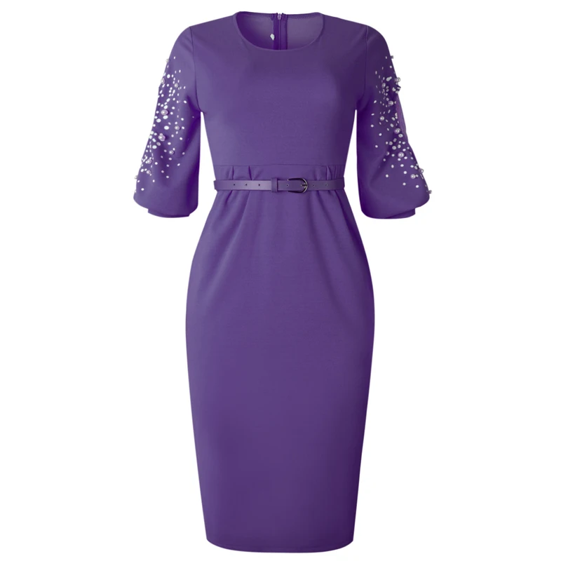 OTEN Robe Crayon для женщин Elegatn Осень три четверти рукав Жемчуг Сетка кружево лоскутное дамы Офис Bodycon Оболочка Карандаш Платье