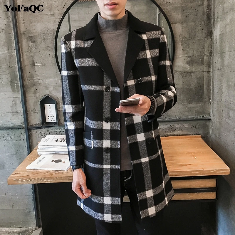 2017 Новая мода мужские длинные шерстяные пальто клетчатые отложной воротник