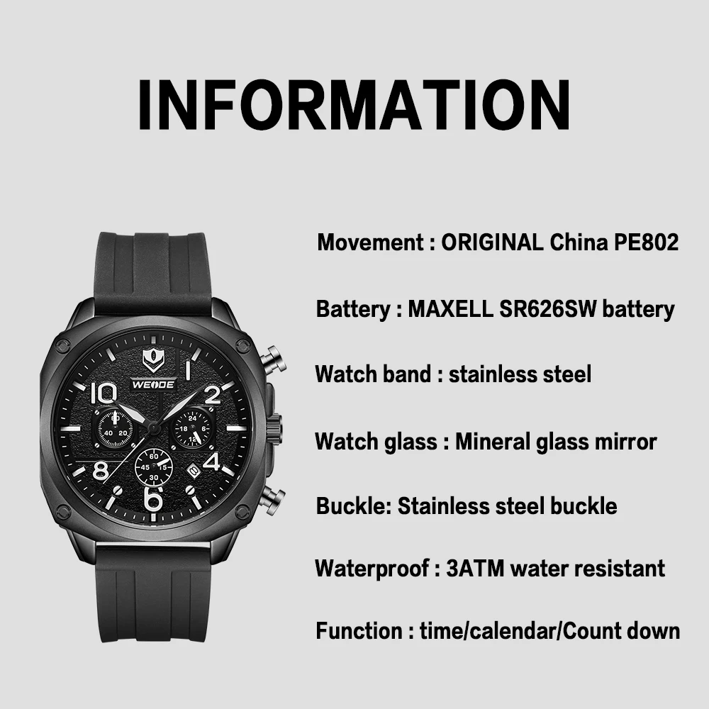 WEIDE мужской черный силиконовый ремень кварцевые Move Мужские t модные повседневные повторитель сигнала тревоги Календарь Часы наручные часы Relogio Masculino