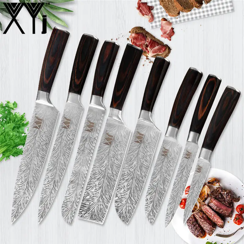 C.8pcs set XYj 8 шт. кухонный инструмент ножи из нержавеющей стали набор дамасских вен острое лезвие, поварской нож 8 ''кухонный держатель точилка барные инструменты - Цвет: C.8pcs set