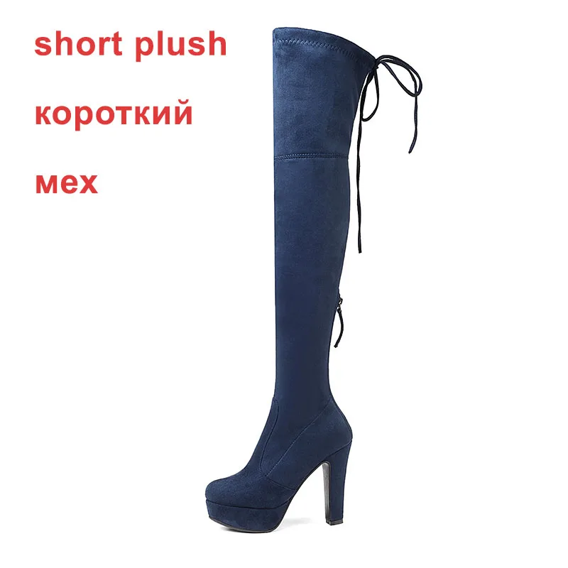 WETKISS/; высокие сапоги до бедра на Высоком толстом каблуке; Новейшие женские эластичные сапоги выше колена на платформе; женская зимняя обувь из искусственной замши на молнии - Цвет: blue short plush