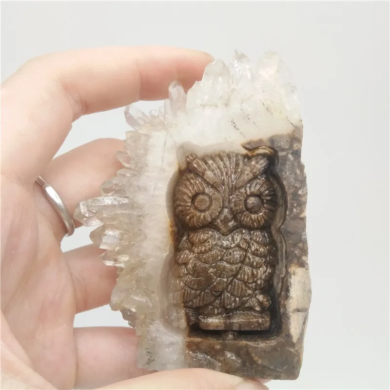 Hot Sale Clear Quartz Cluster Owls Natural Stone Carved Owl For Gift Crystal clusters carve owls | Дом и сад