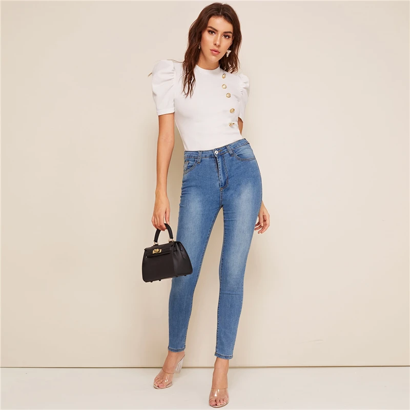 Sheinside Mock-neck Puff Sleeve Button Front top blouse White женские летние топы Slim Fit элегантные женские офисные блузки