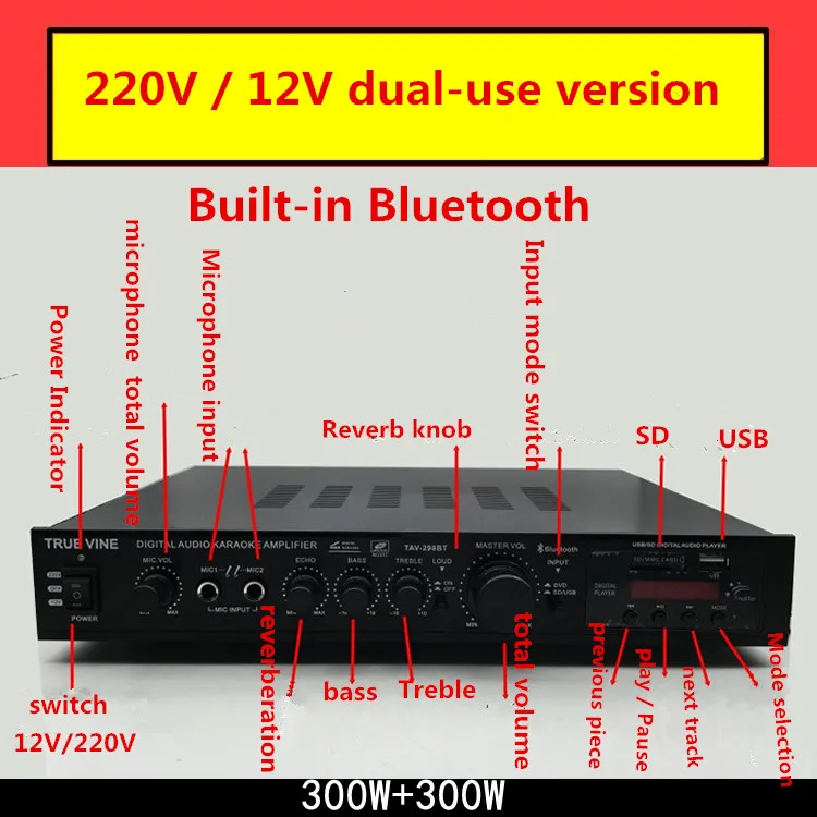 AV 298BT 220 В/12 В двойного использования 300 Вт + домашний аудио караоке цифровой