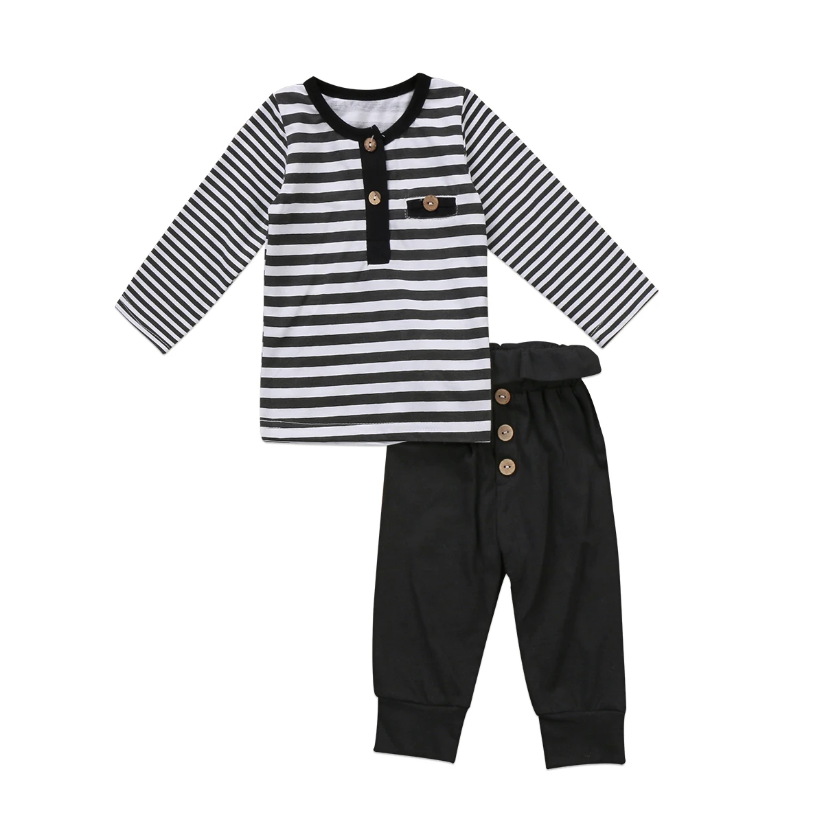 2017 Cute 2PCS Newborn Kids Baby girl T-shirt Striped Tops+Long Black Button Pants Outfits Gray Set Casual Tracksuit 0-24M |