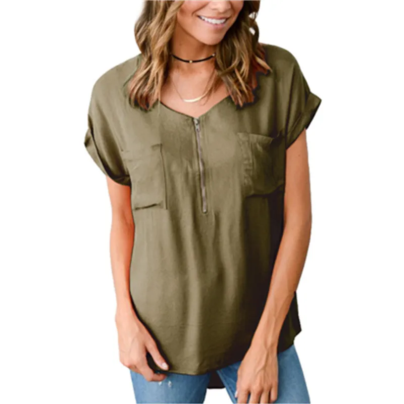 Блузка женская с V образным вырезом свободная офисная рубашка карманами на