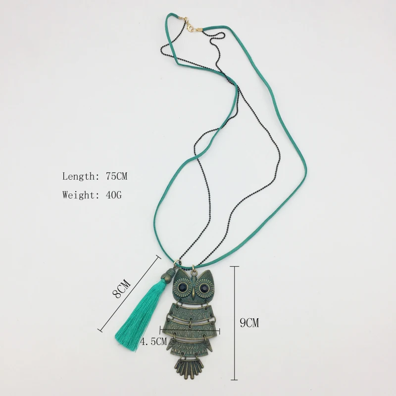 For women long necklaces&amppendants vintage green owl charms necklaces with black fringe boho jewelry ethnic bohemia femme | Украшения и