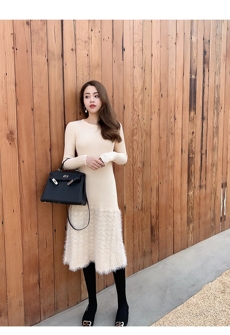 Women Knitted Sweater And Pullovers Korean Fashion Style Dress Winter And Autumn New Solid Knitted Dress