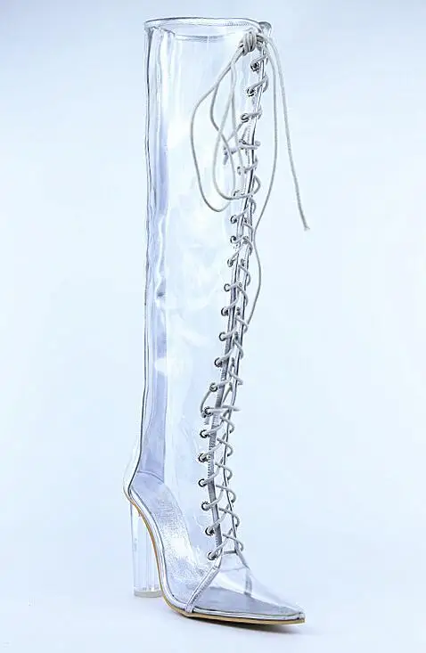 Модные женские ботинки на прозрачном каблуке высокие сандалии гладиаторы из ПВХ