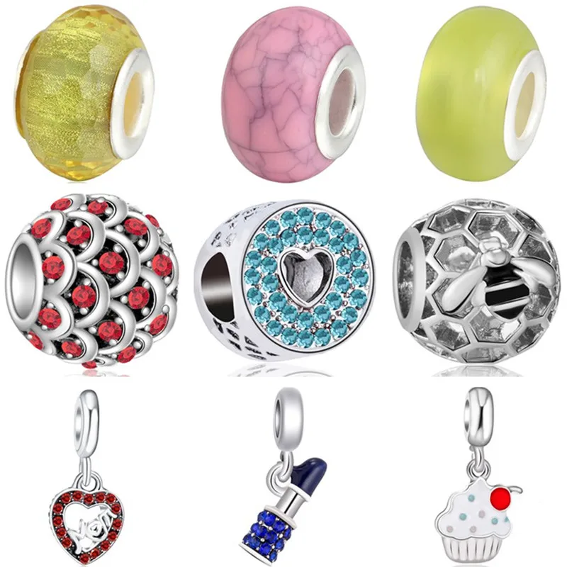 

High Quality Luxurious Lipsticks Crack Murano Beads Bee Cake Foot Heart Beads Fit Pandora Charms & Bangles for Women DIY Jewelry