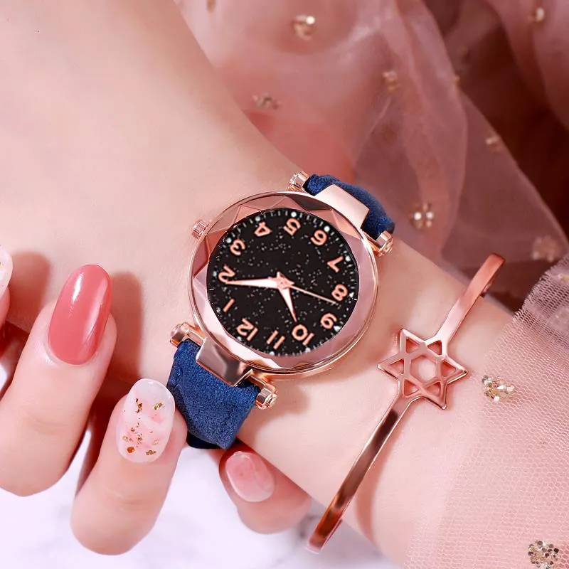 Rose Gold Blue Светящиеся звездное небо часы женские кварцевые Кожаный ремешок цифровой циферблат женские наручные часы с геометрическим кристаллом повседневные цветы Reloj Mujer - Цвет: Rose Gold Blue