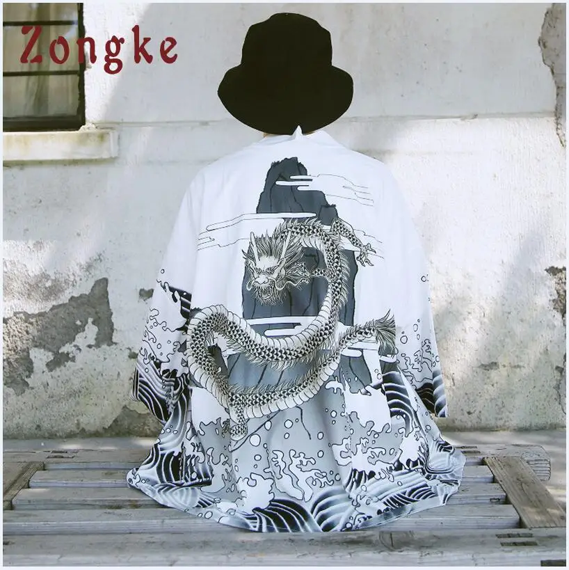 White Zongke Дракон кимоно кардиган для мужчин Летнее Длинное Кимоно Кардиган для мужчин традиционное японское кимоно Мужская куртка, Изготовленная с применением техники Открытый шов - Цвет: White