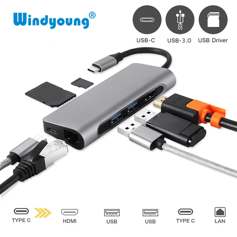 USB C хаб устройство для чтения SD/TF карт HDMI 4K Gigabit Ethernet RJ45|USB-хабы| |