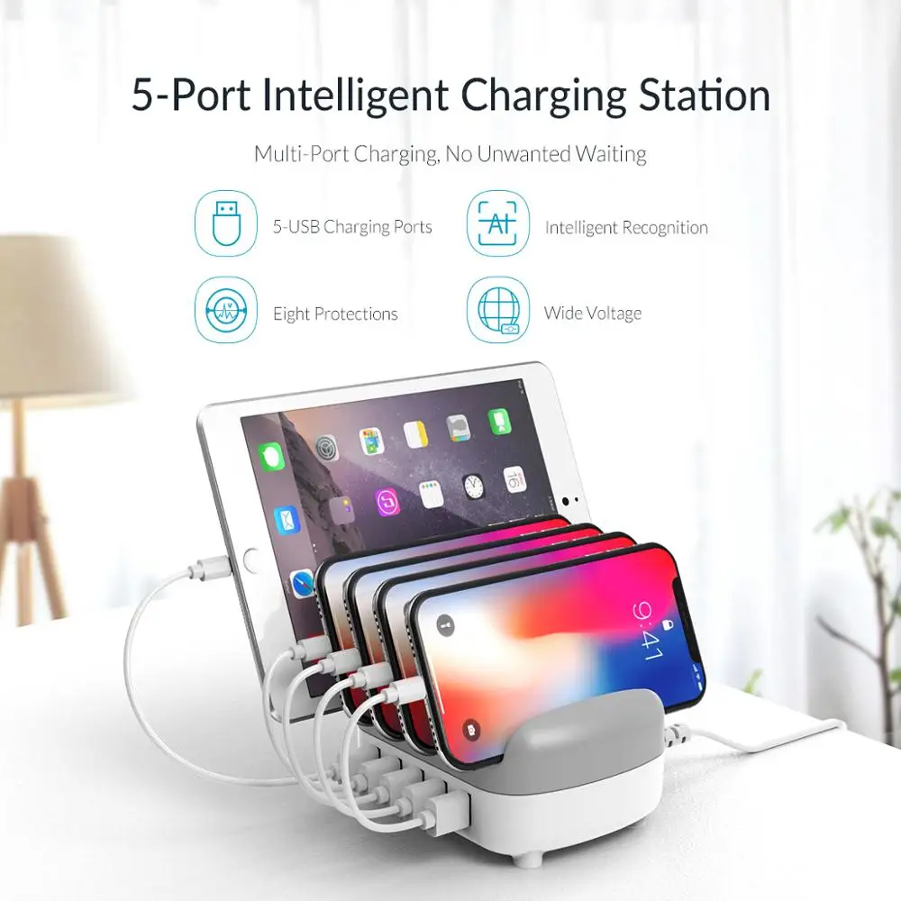 orico 5 ports usb charging station 40w max usb docking station cell phone holder usb charger for phone tablet at home public free global shipping