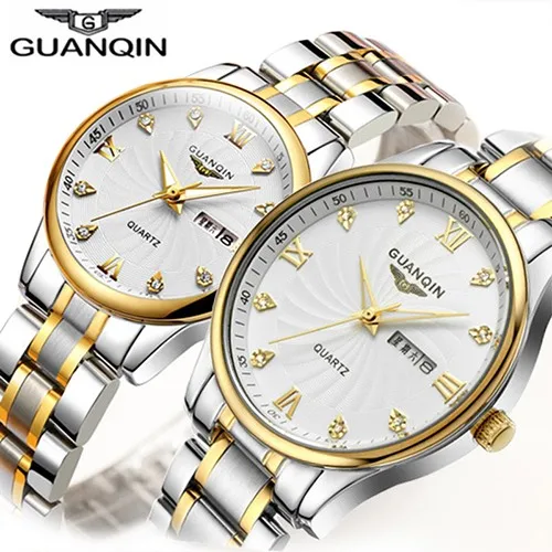 white gold white GUANQIN, часы для влюбленных пар, набор, роскошный алмаз,, мужские, женские наручные часы, нержавеющая сталь, кварцевые часы, женские часы, женские часы - Цвет: white gold white