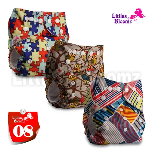 [Littles и Bloomz] 3 шт./компл. Детские Моющиеся Многоразовые реальные тканевые карманные подгузники, 3 Подгузники/подгузники и 3 вставки из микроволокна в одном комплекте - Цвет: 08