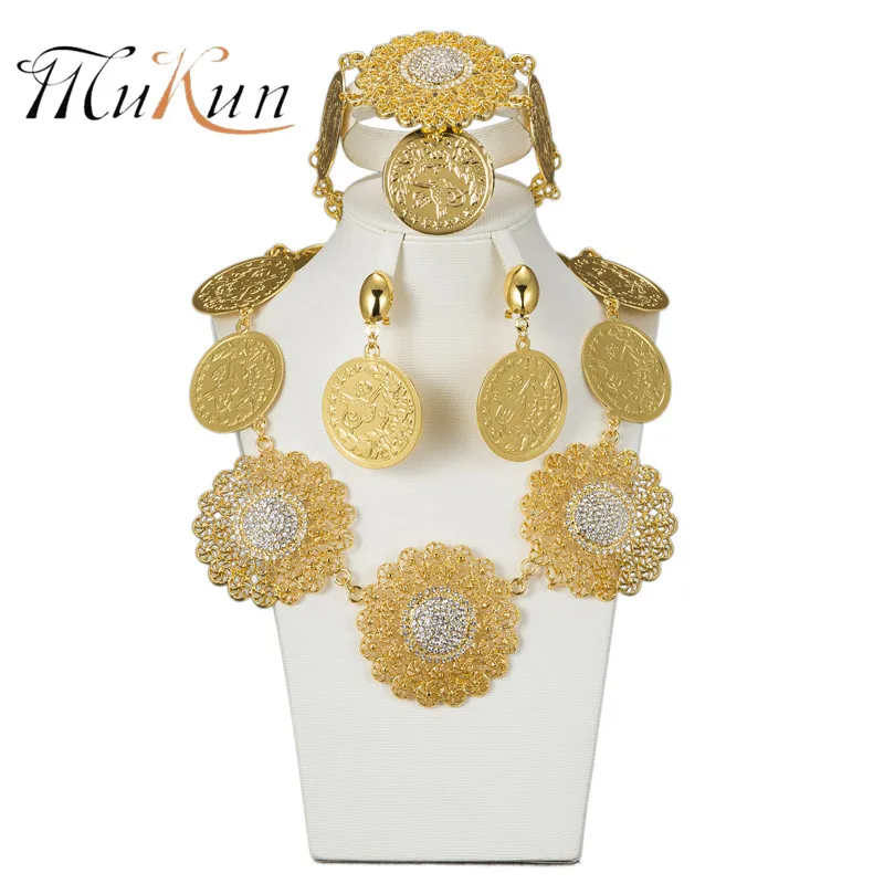 

MUKUN 2023 Fashion Dubai Gold-Color Big Jewelry Set Bridal Nigeria African Beads Necklace Bangle Earring Wedding