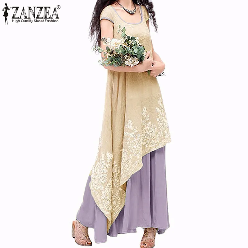 

7 Colors Vestidos 2021 Summer ZANZEA Women Vintage Loose Maxi Dress Short Sleeve Floral Embroidery Two Layers Dress Oversized
