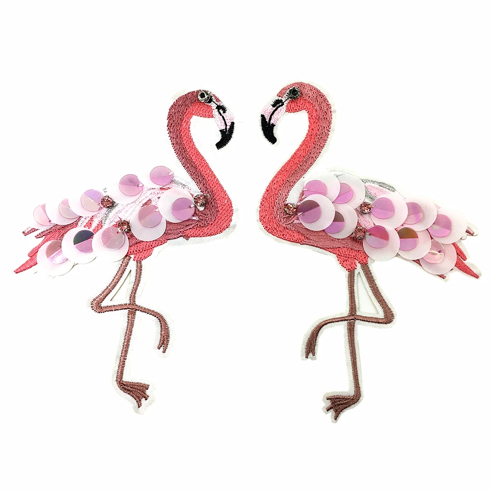 

2pair 10x15cm Sew On Sequin Embroidered Flamingo Patch Pink Birds Applique Beaded Bird Embroidery Patches For Clothing AC0985