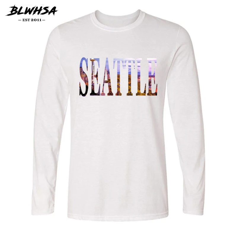 Фото BLWHSA USA City Seattle дизайнерская модная мужская футболка с длинным рукавом и круглым BLWHSA USA City Seattle дизайнерская модная мужская футболка с длинным рукавом и круглым